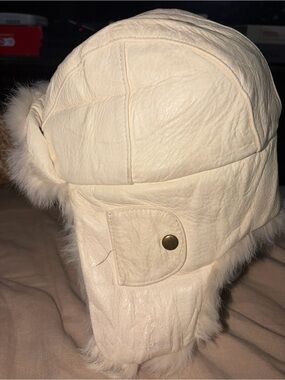 Vintage Mad Bomber Aviator Hat – White Leather and Real Rabbit Fur – Size M